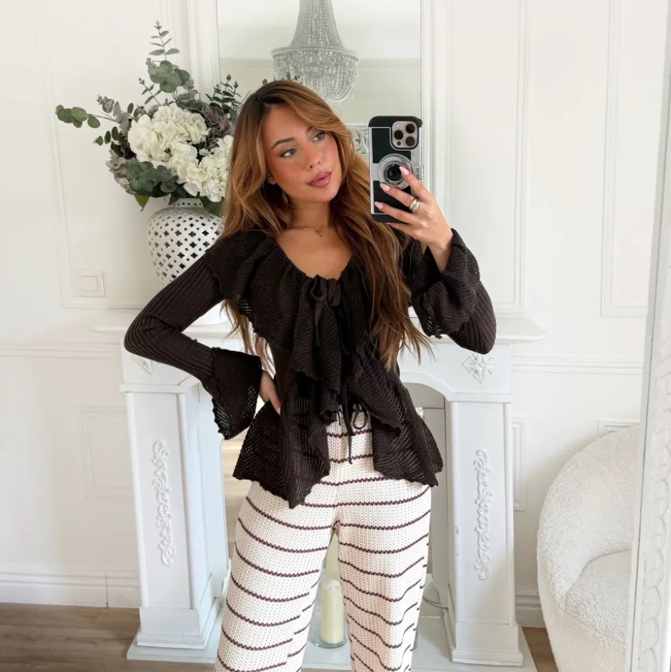 PANTALON MAILLE BEIGE RAYURES