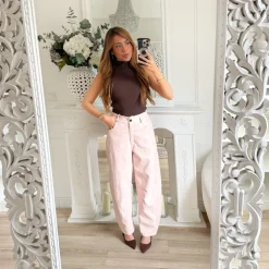 PANTALON SIMILI CUIR BARREL ROSE PASTEL