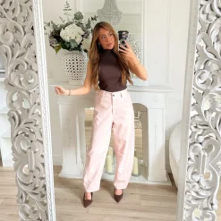 PANTALON SIMILI CUIR BARREL ROSE PASTEL