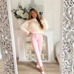 PULL BEIGE COEURS PINK