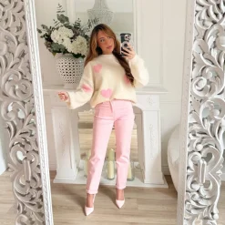 PULL BEIGE COEURS PINK