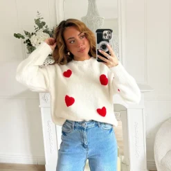 PULL BLANC COEURS ROUGES