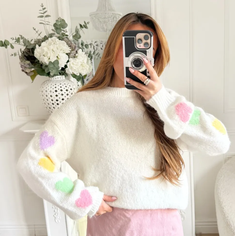 PULL BLANC MANCHES COEURS COLORÉS