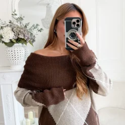 PULL COL BATEAU CHOCO LOSANGE BEIGE KAHINA