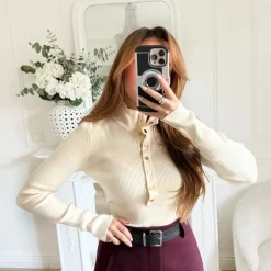 PULL CÔTELÉ BEIGE BOUTONS DORÉS ALINE