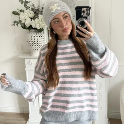 PULL GRIS RAYURES PINK GLADYS