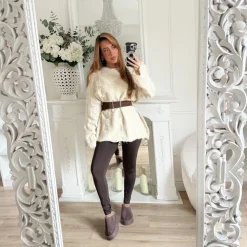 PULL LONG MAILLE BEIGE AVEC CEINTURE