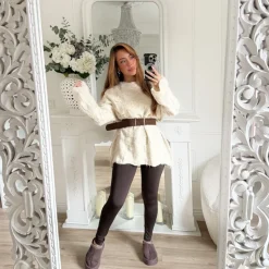 PULL LONG MAILLE BEIGE AVEC CEINTURE