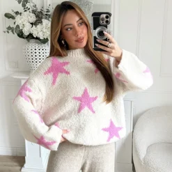 PULL MOHAIR BEIGE ÉTOILES FUSHIA FLORENTINE