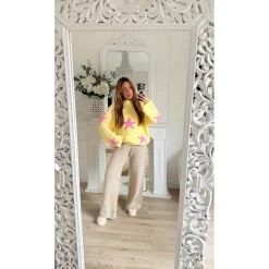 PULL MOHAIR JAUNE ÉTOILES FUSHIA FLORENTINE