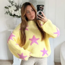 PULL MOHAIR JAUNE ÉTOILES FUSHIA FLORENTINE