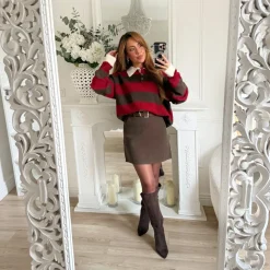 PULL STYLE POLO BORDEAUX RAYURES CHOCO