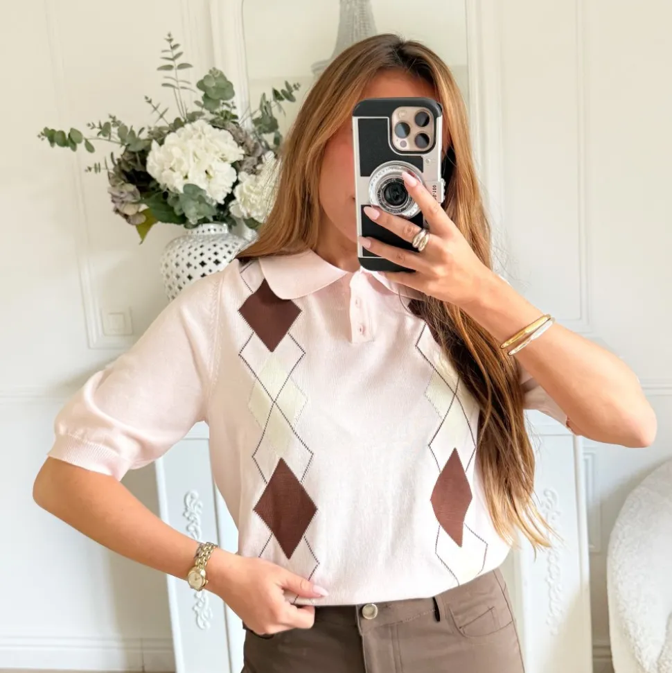 PULL STYLE POLO ROSE PASTEL TARTAN