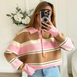 PULL STYLE POLO ROSE RAYURES