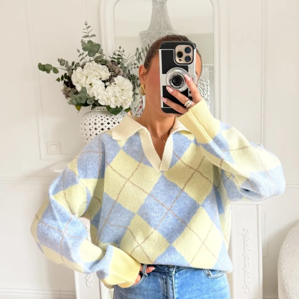 PULL TARTAN BLEU ET JAUNE