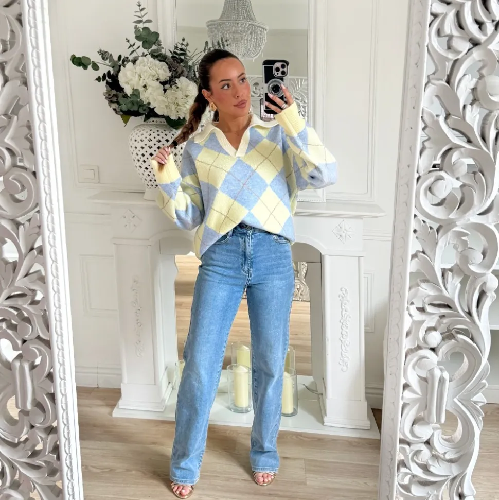 PULL TARTAN BLEU ET JAUNE