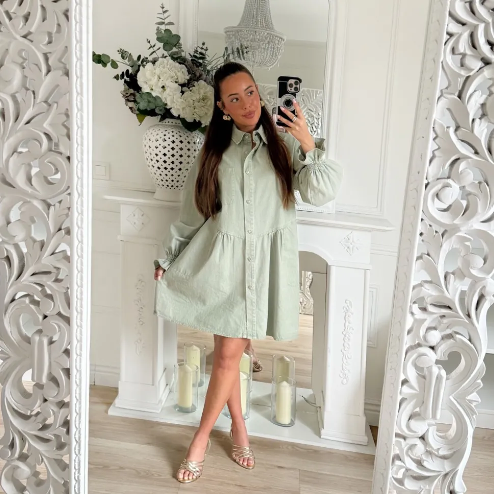 ROBE EN JEAN VERT SAUGE BOUTONS COEURS