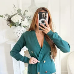 ROBE EN MAILLE EMERAUDE BOUTONS DORÉS