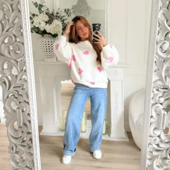 SWEAT BLANC MOTIFS COEURS PINK OLGA
