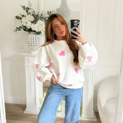 SWEAT BLANC MOTIFS COEURS PINK OLGA
