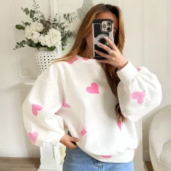 SWEAT BLANC MOTIFS COEURS PINK OLGA