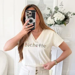 TEE SHIRT BEIGE COL V BICHETTE
