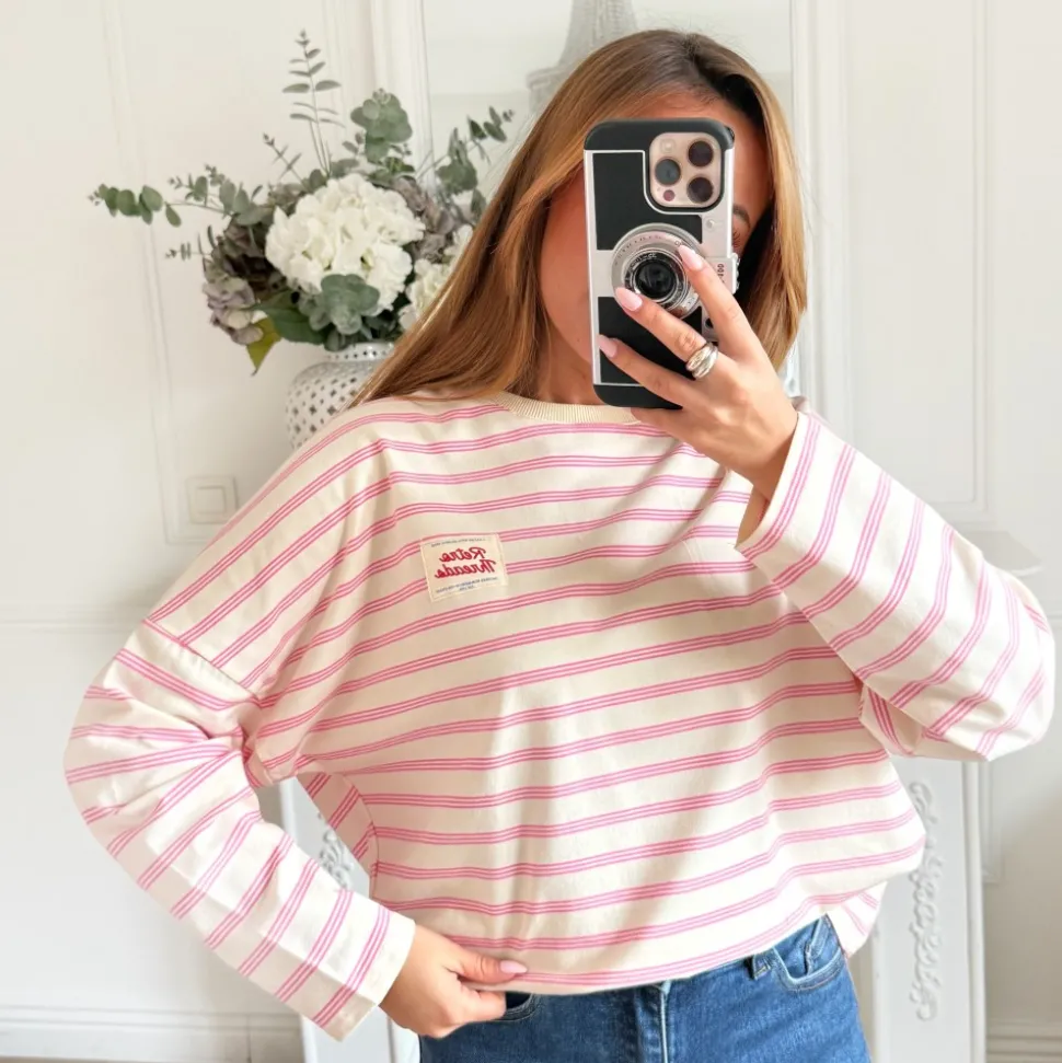 TEE SHIRT MANCHES LONGUES MARINIERE ROSE