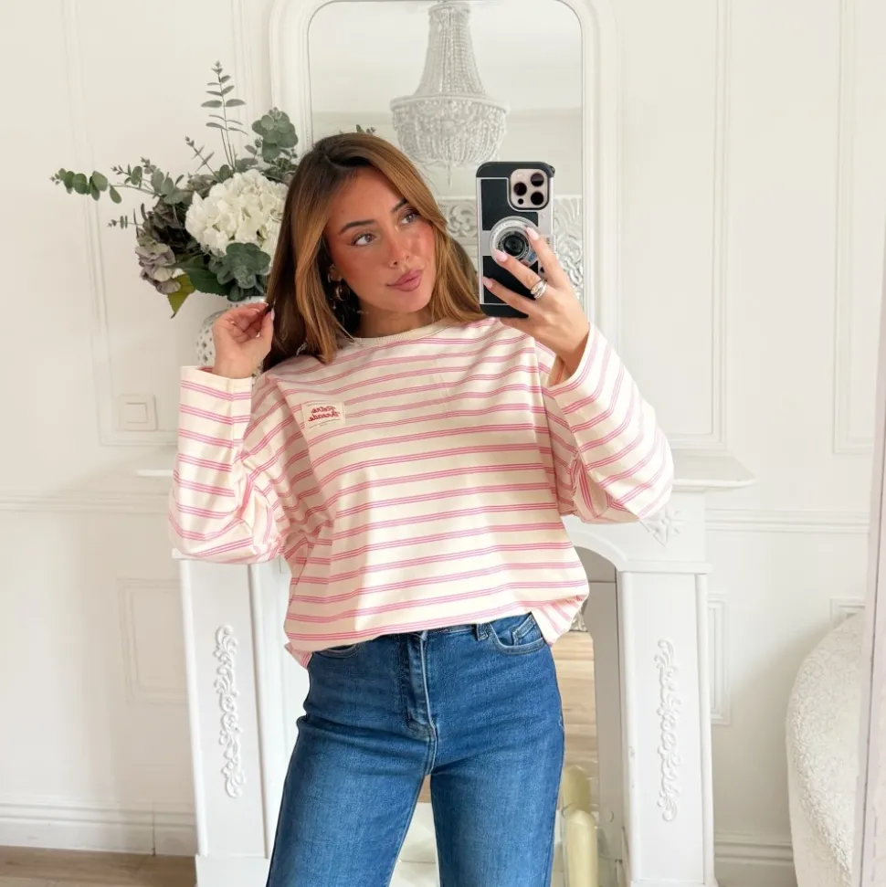 TEE SHIRT MANCHES LONGUES MARINIERE ROSE