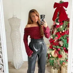 TOP COL BATEAU SEQUINS BURGUNDY